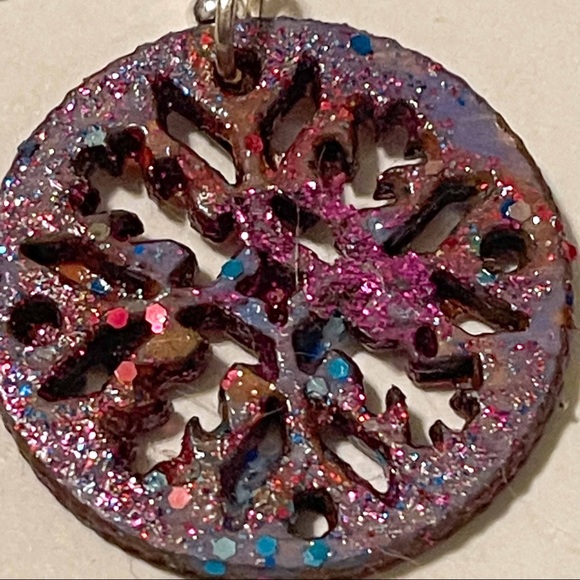 New Artisan & Hand Painted Blue Sparkly Round Snowflake Sterling Silver Earrings - Picture 5 of 7